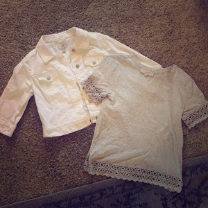 Women’s Loft White Jean Jacket & Gray lace top